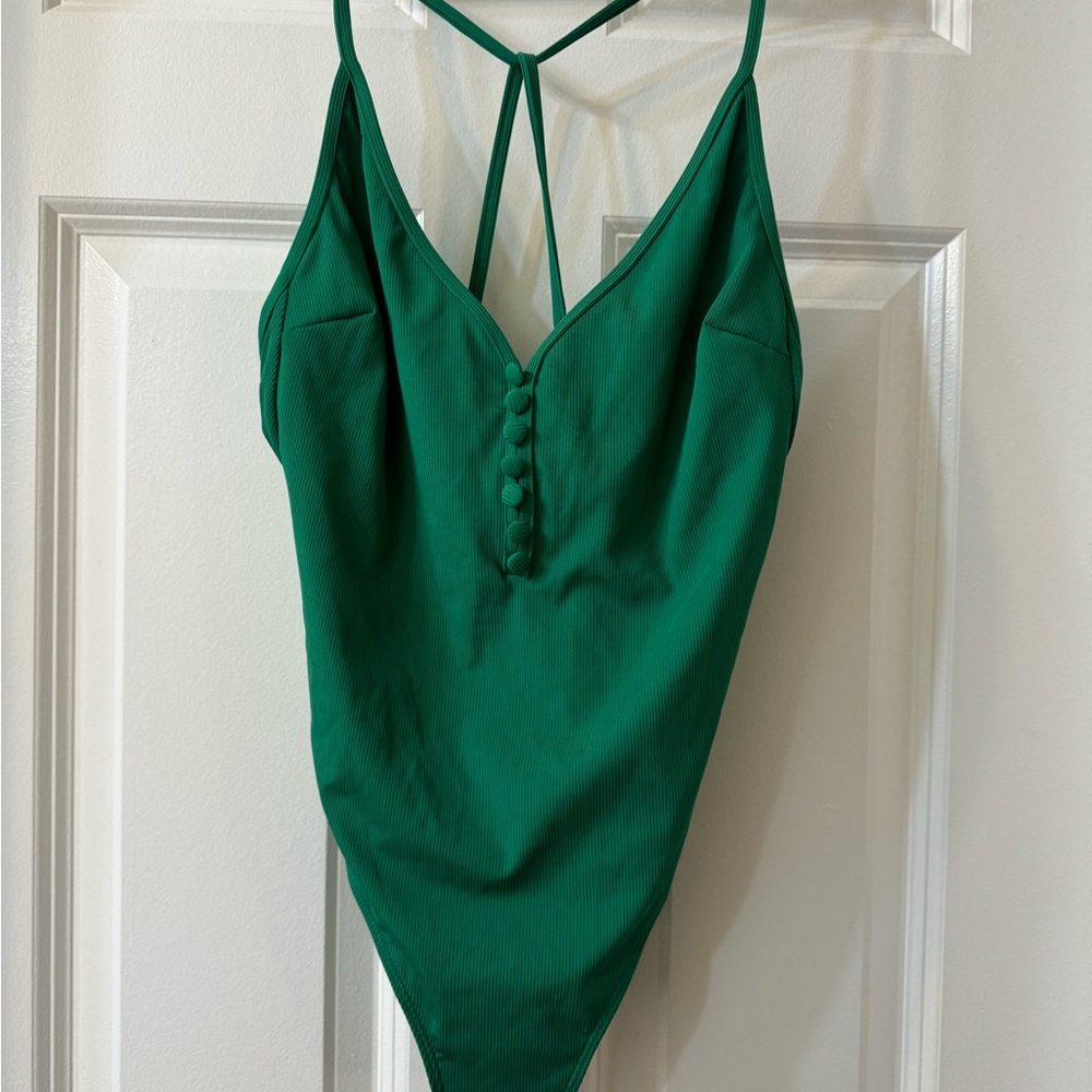 Sezane Emerald Green One-Piece Swimsuit with Button Front